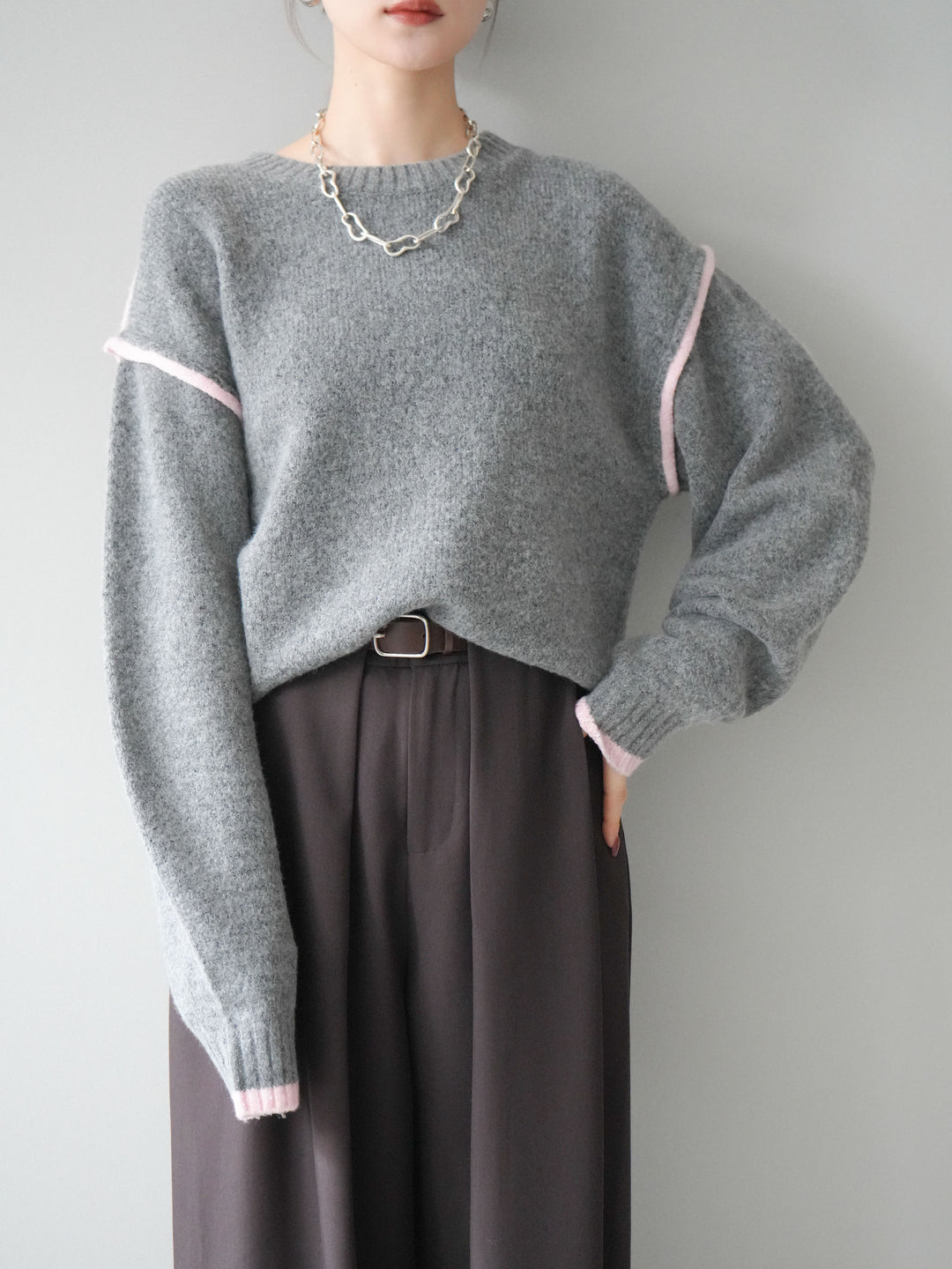 [予約]バイカラーパイピングニットプルオーバー/gray