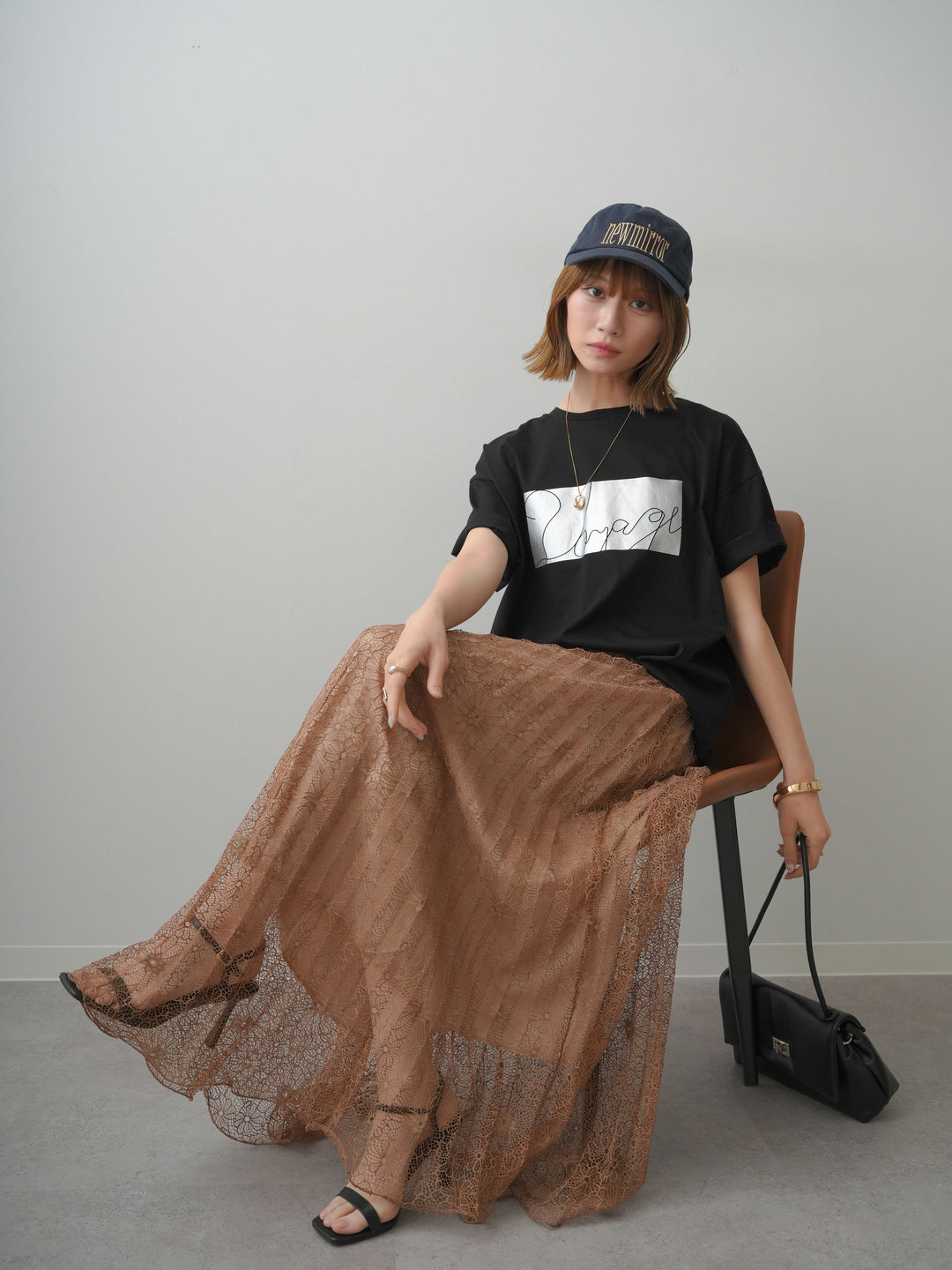 [SET]箔プリントボックスTEE+フローラルレースプリーツスカート(2set)