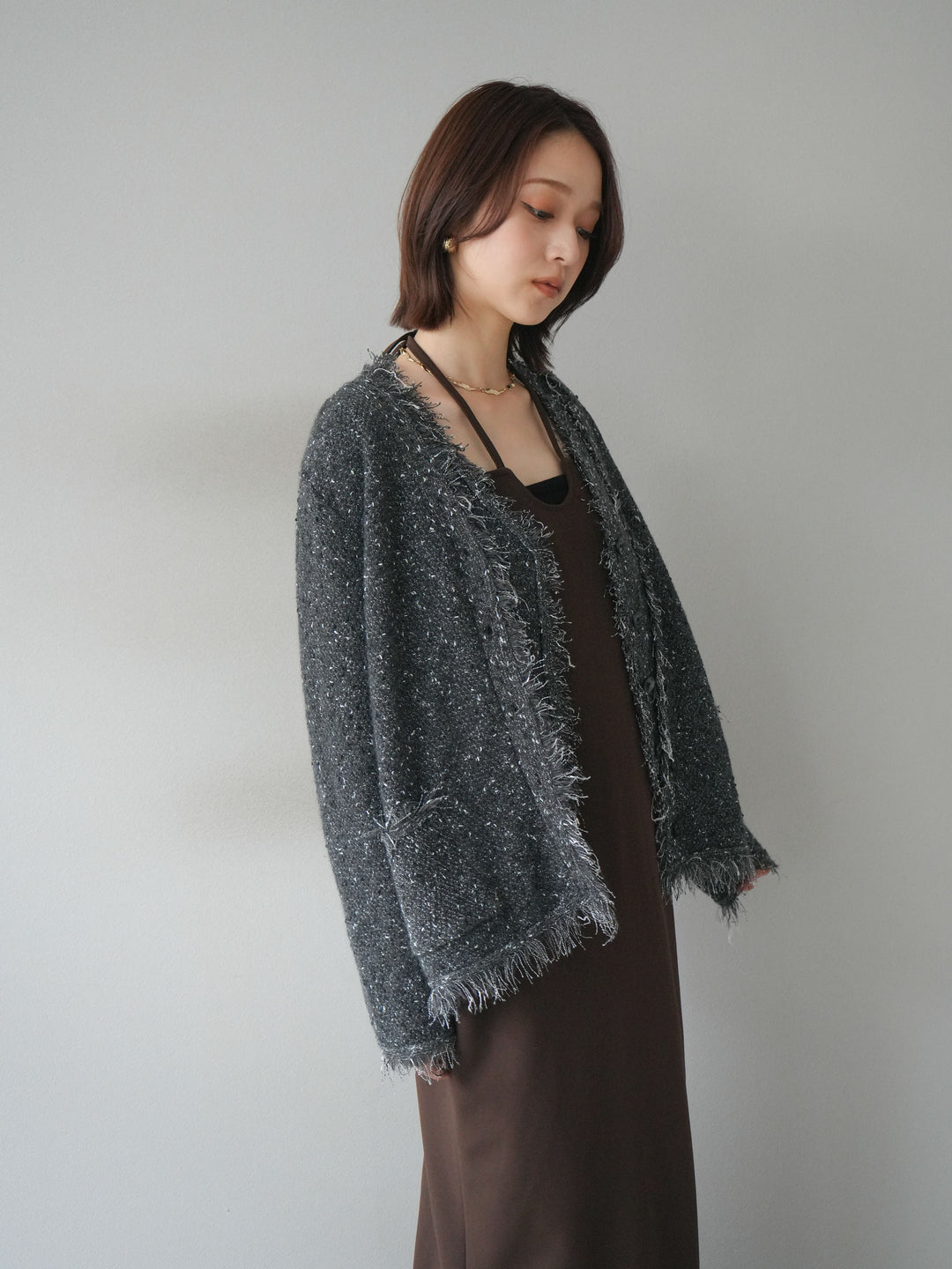 [予約]ネップフリンジニットカーディガン/ gray