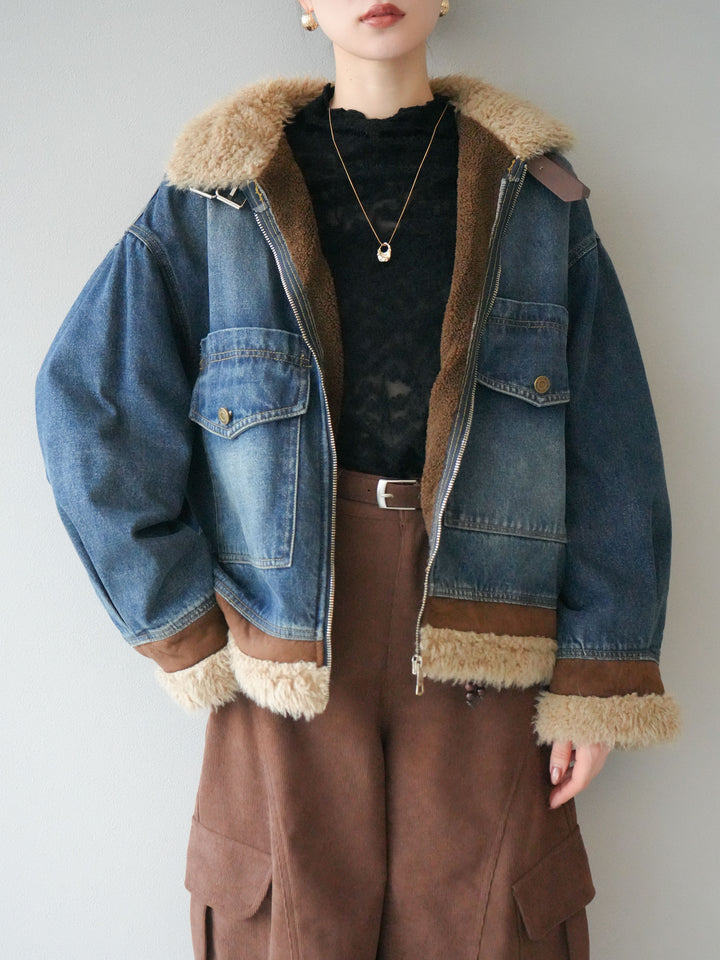 [予約]スタンドカラーファー×デニムジャケット/blue
