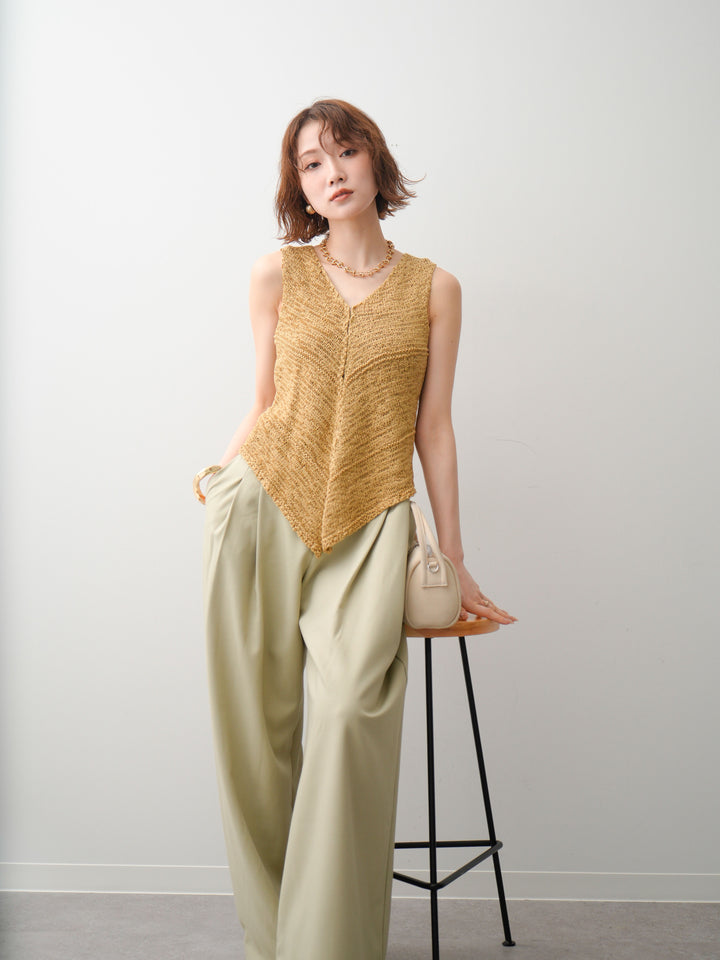 [SET]テープヤーンVネックニットトップス+アシンメトリーベルトタックワイドパンツ(2set)