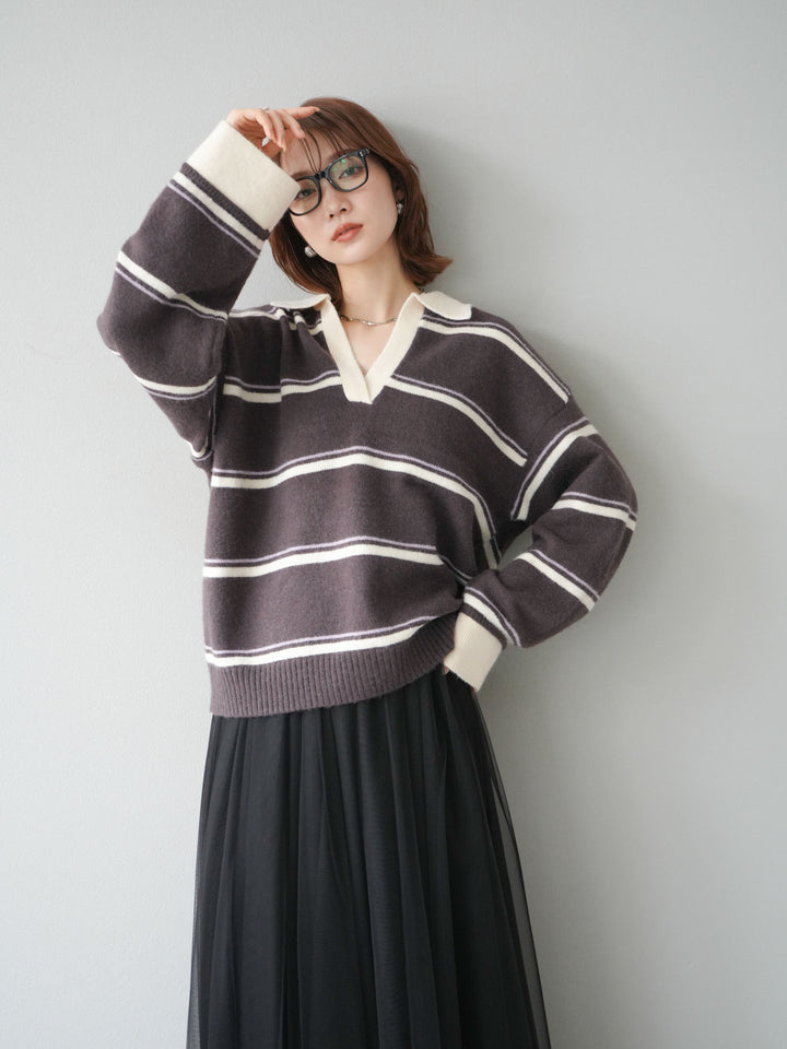 [SET]ポロ襟スキッパーボーダーニットプルオーバー+チュールボリュームスカート(2set)