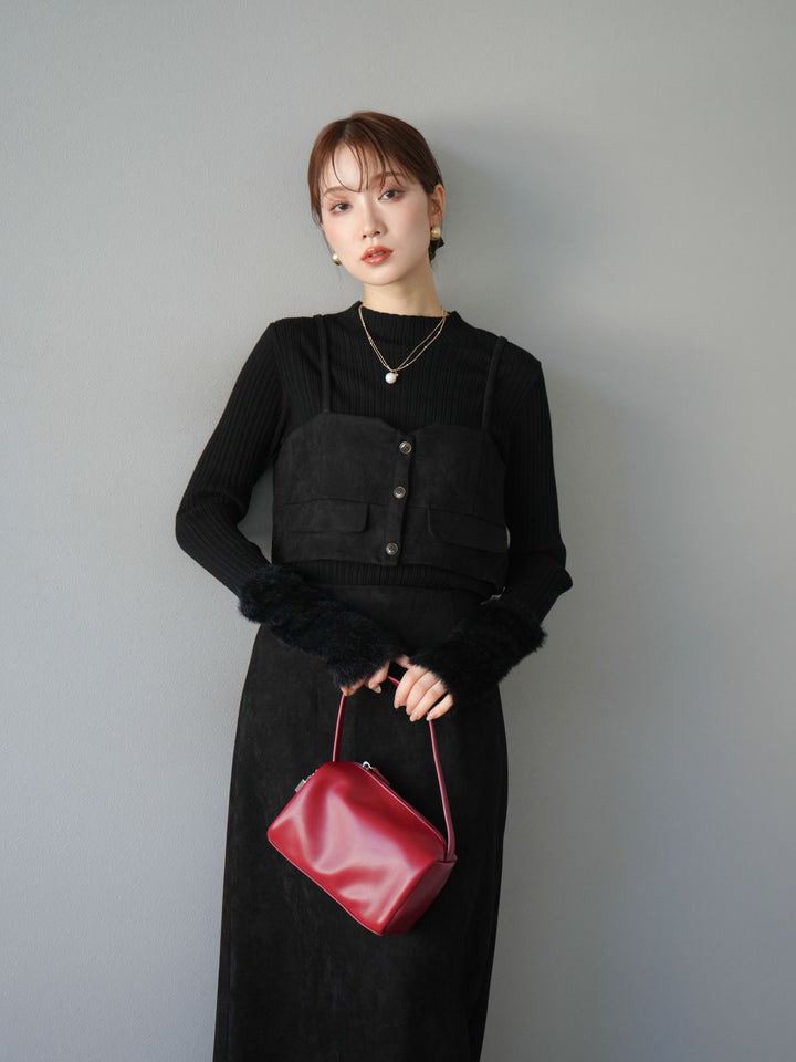 [SET]スウェードビスチェ+アームシャギーランダムリブニットトップス+スウェードIラインスカート(3set)