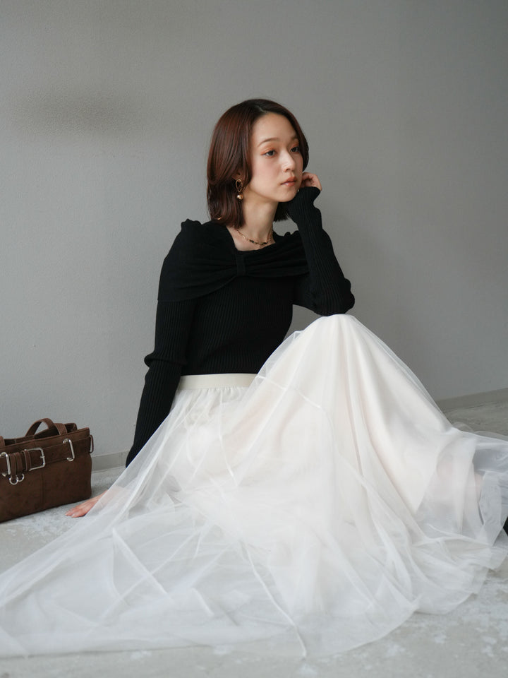 [予約]リボンモチーフオフショルリブニットトップス/black