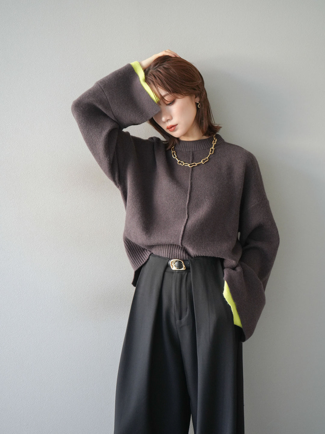 [予約]袖レイヤード配色ニットプルオーバー/brown