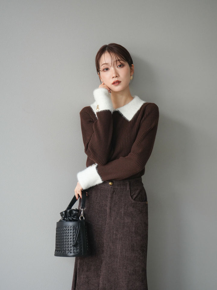[SET]シャギー襟リブニットトップス+ベルベットマーメイドスカート(2set)