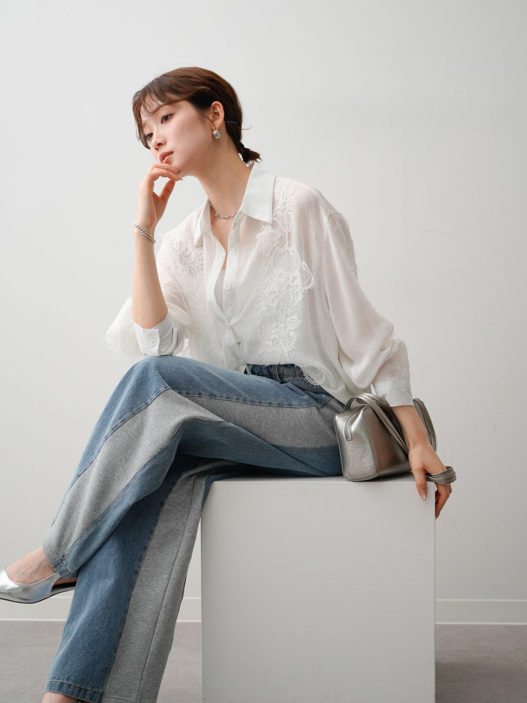 [SET]レースデザインドレープオーバーシャツ+デニム切替スウェットパンツ(2set)