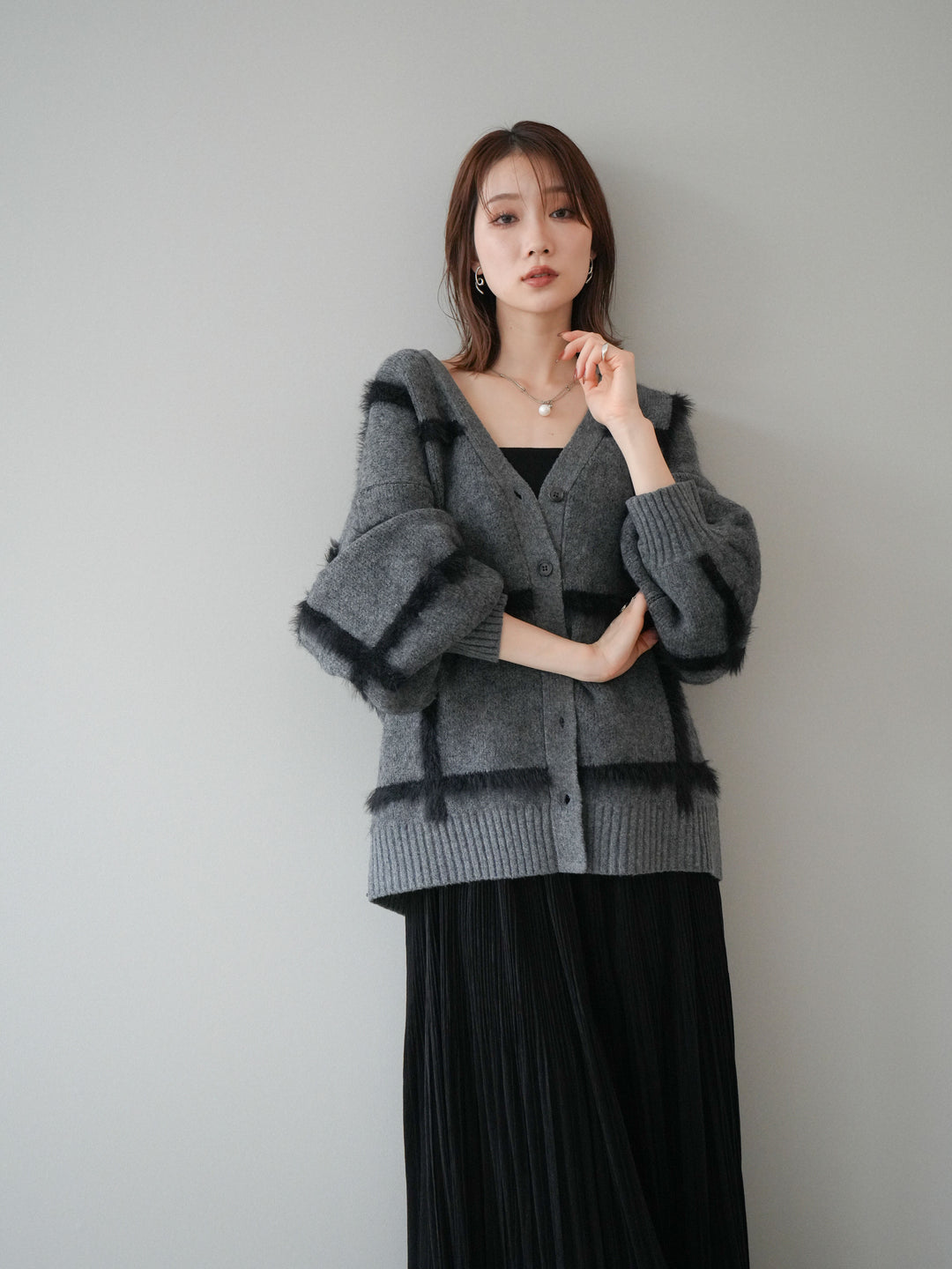 [予約]ミックスシャギーチェックカーディガン/charcoal