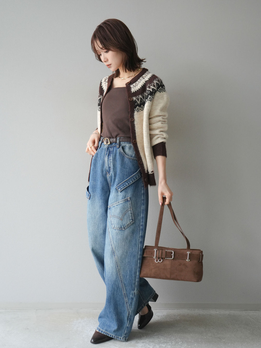 [SET]ノルディック柄ニットカーディガン+ペインターカーブデニムパンツ(2set)