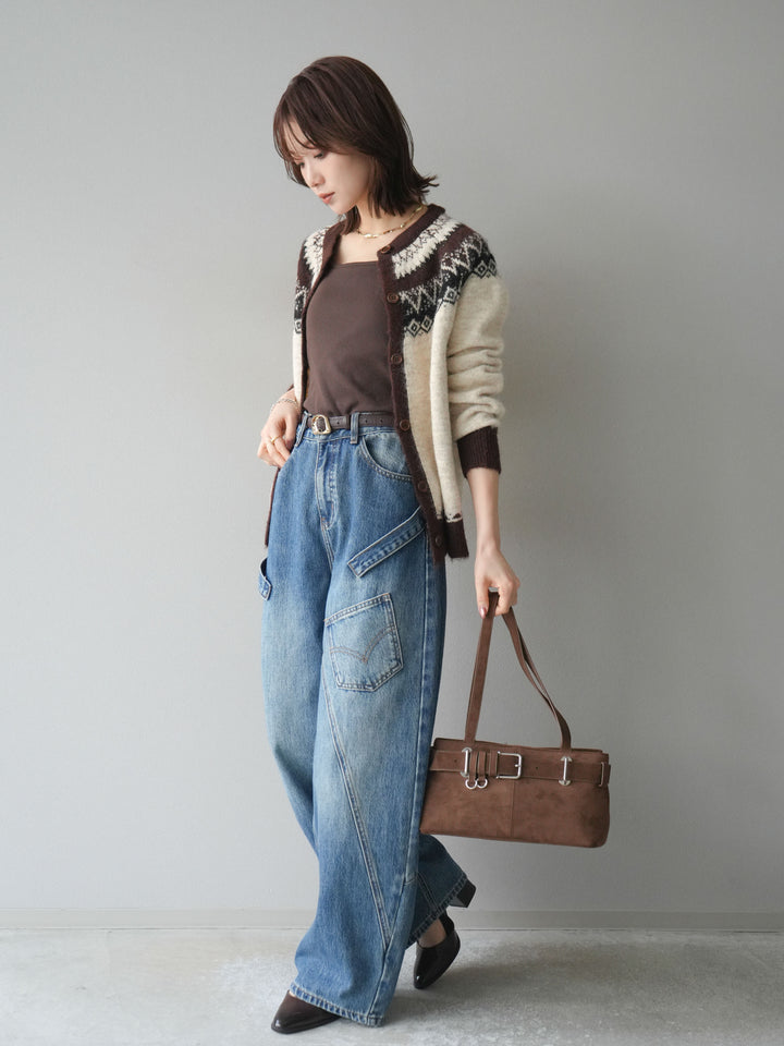 [SET]ノルディック柄ニットカーディガン+ペインターカーブデニムパンツ(2set)