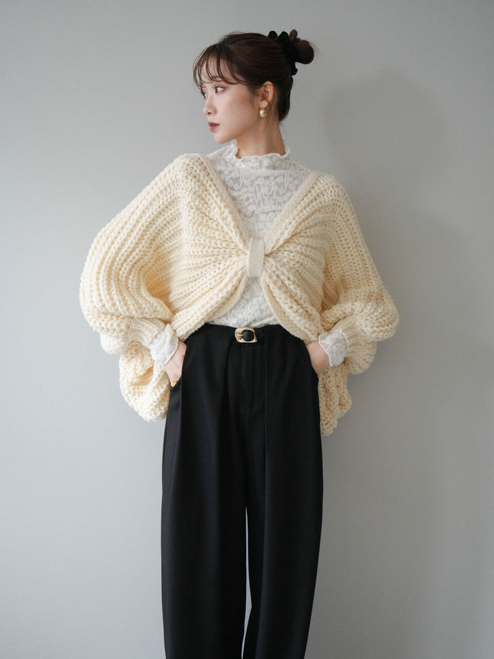 [SET]ローゲージ畦編みドルマンニットボレロ+起毛レースプチネックトップス(2set)