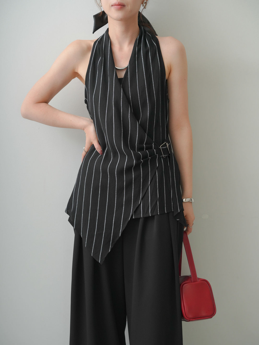 [SET]ストライプカシュクールジレ+クレープデシンタックワイドパンツ(2set)
