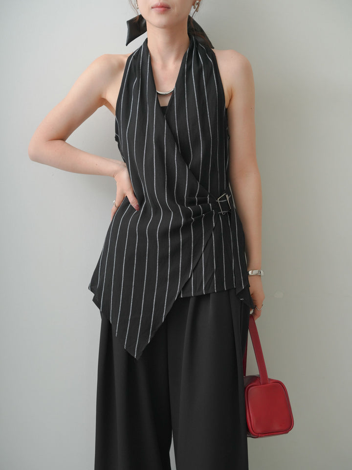 [SET]ストライプカシュクールジレ+クレープデシンタックワイドパンツ(2set)