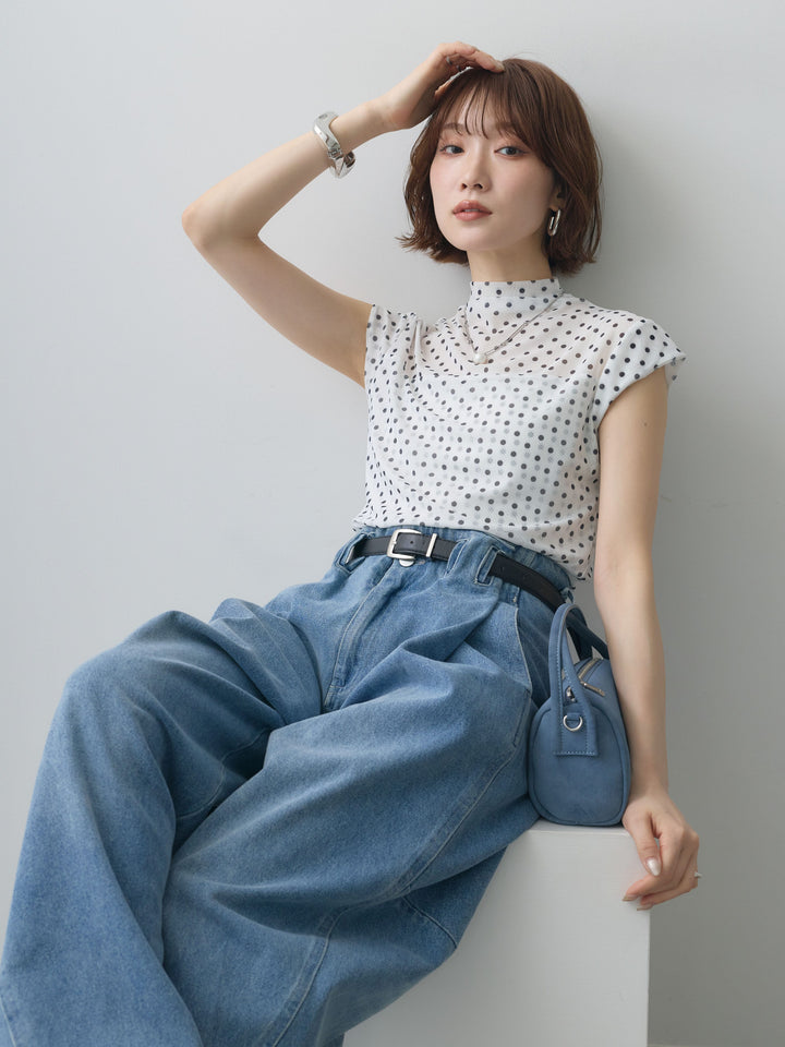 [SET]プチネックドットシアートップス+ハイウエストベルトループデザインデニムパンツ(2set)