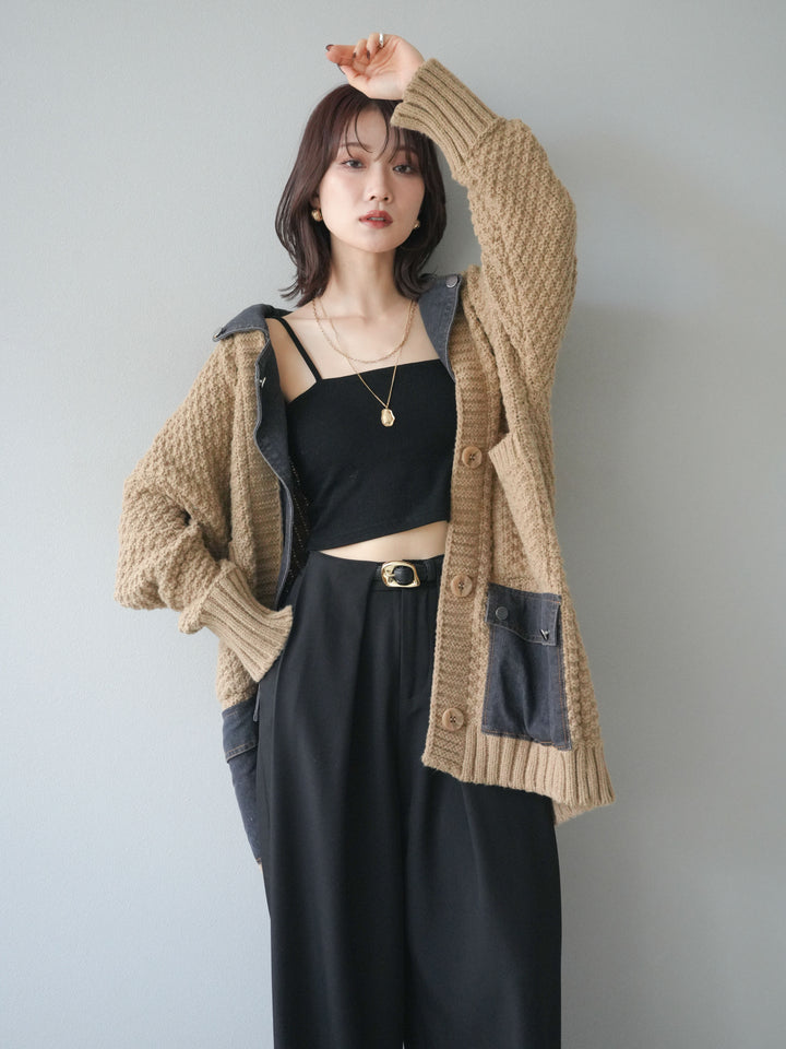 [予約]デニム襟レイヤードニットジャケット/beige