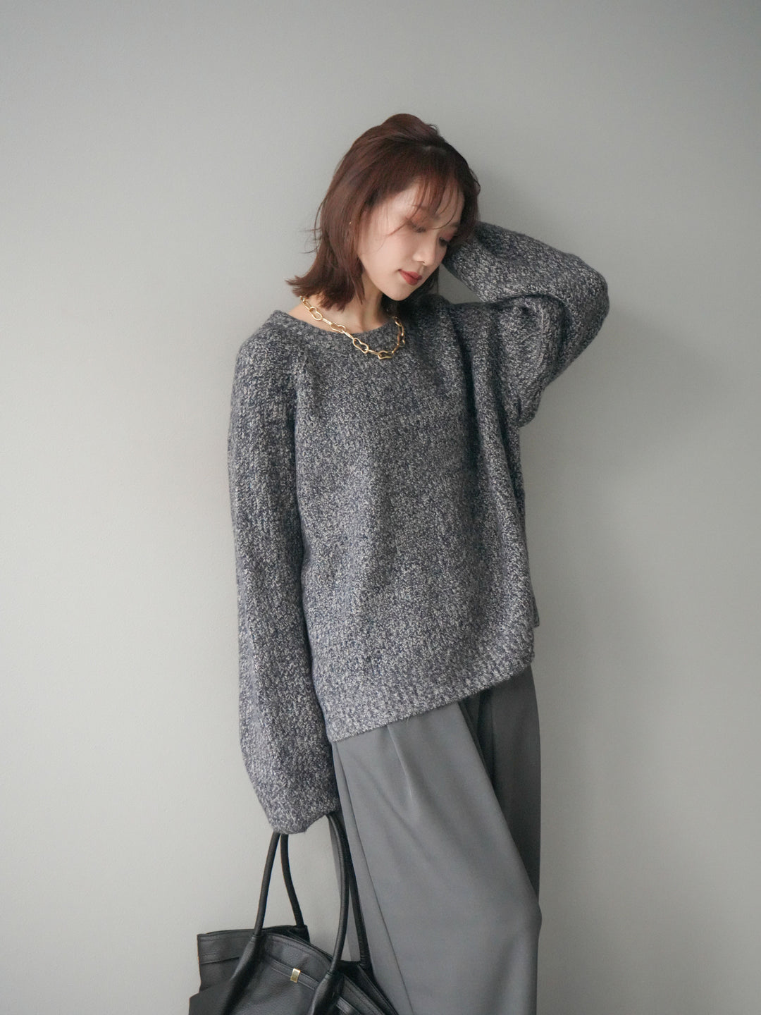 [予約]クルーネック畦編みミックスニット/navy