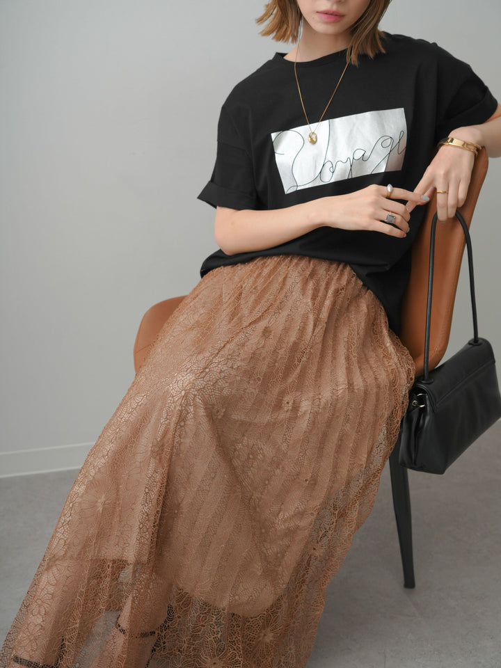 [SET]箔プリントボックスTEE+フローラルレースプリーツスカート(2set)
