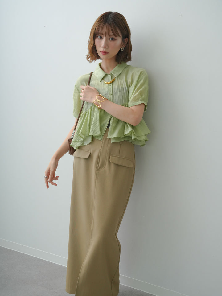 [SET]楊柳ペプラムシアーハーフシャツ+クレープデシンフラップ付きストレートスカート(2set)