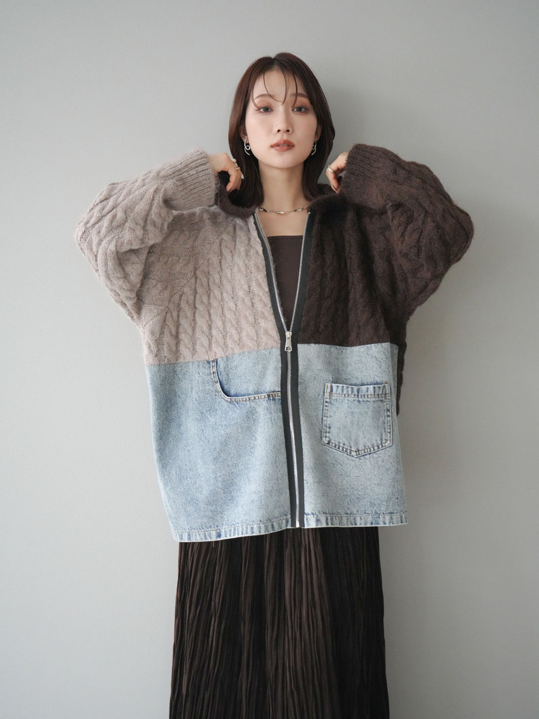 [予約]デニム×バイカラーニットZIPフーディ/brown