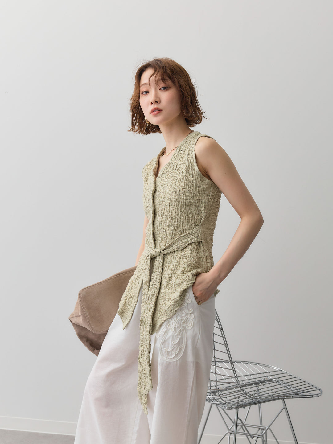 [予約]シャーリングウエストリボンVネックトップス/green