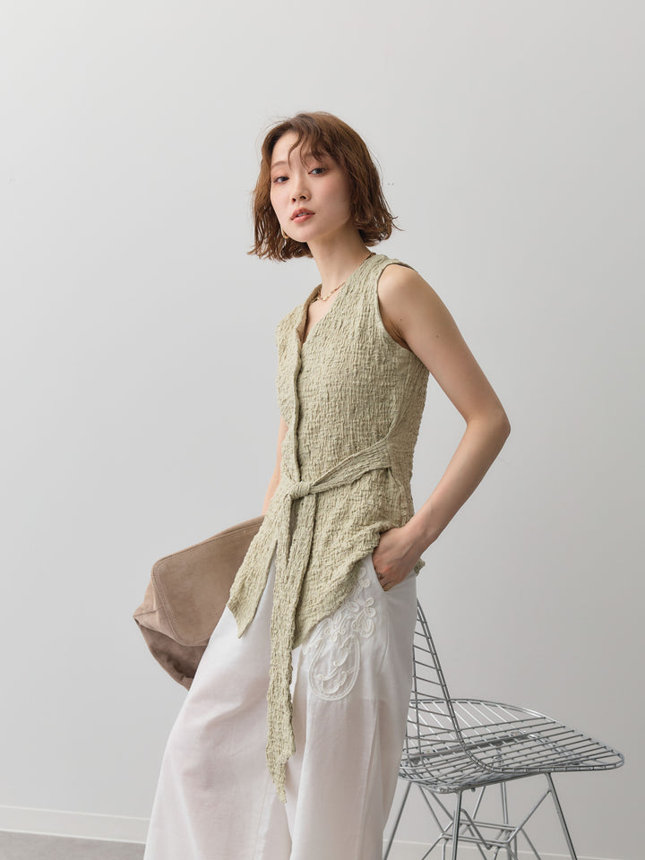 [予約]シャーリングウエストリボンVネックトップス/green