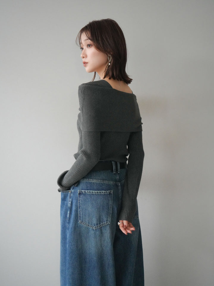 [予約]リボンモチーフオフショルリブニットトップス/gray