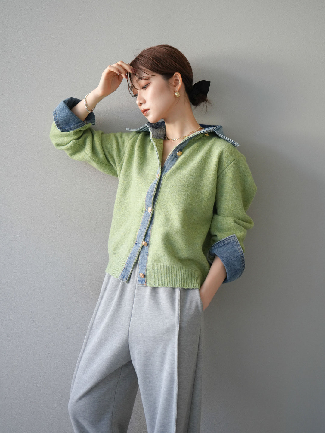 [予約]デニム襟ボタンニットカーディガン/pistachio