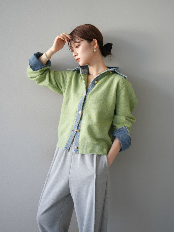 [予約]デニム襟ボタンニットカーディガン/pistachio