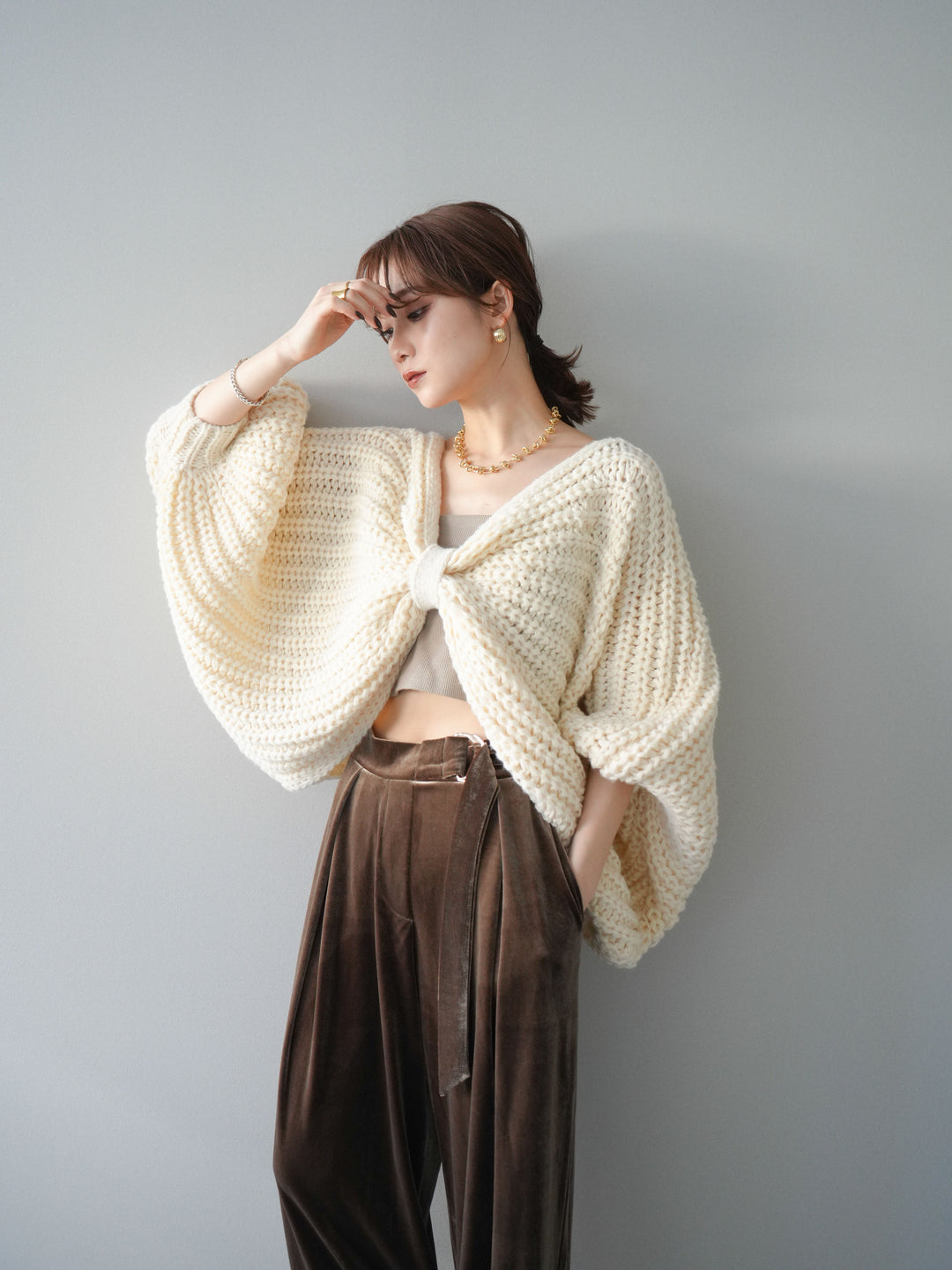 [予約]ローゲージ畦編みドルマンニットボレロ/ivory