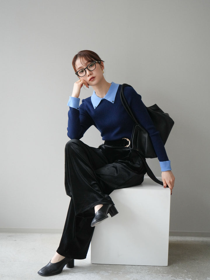 [予約]ニットカフス襟付き配色リブニットトップス/navy