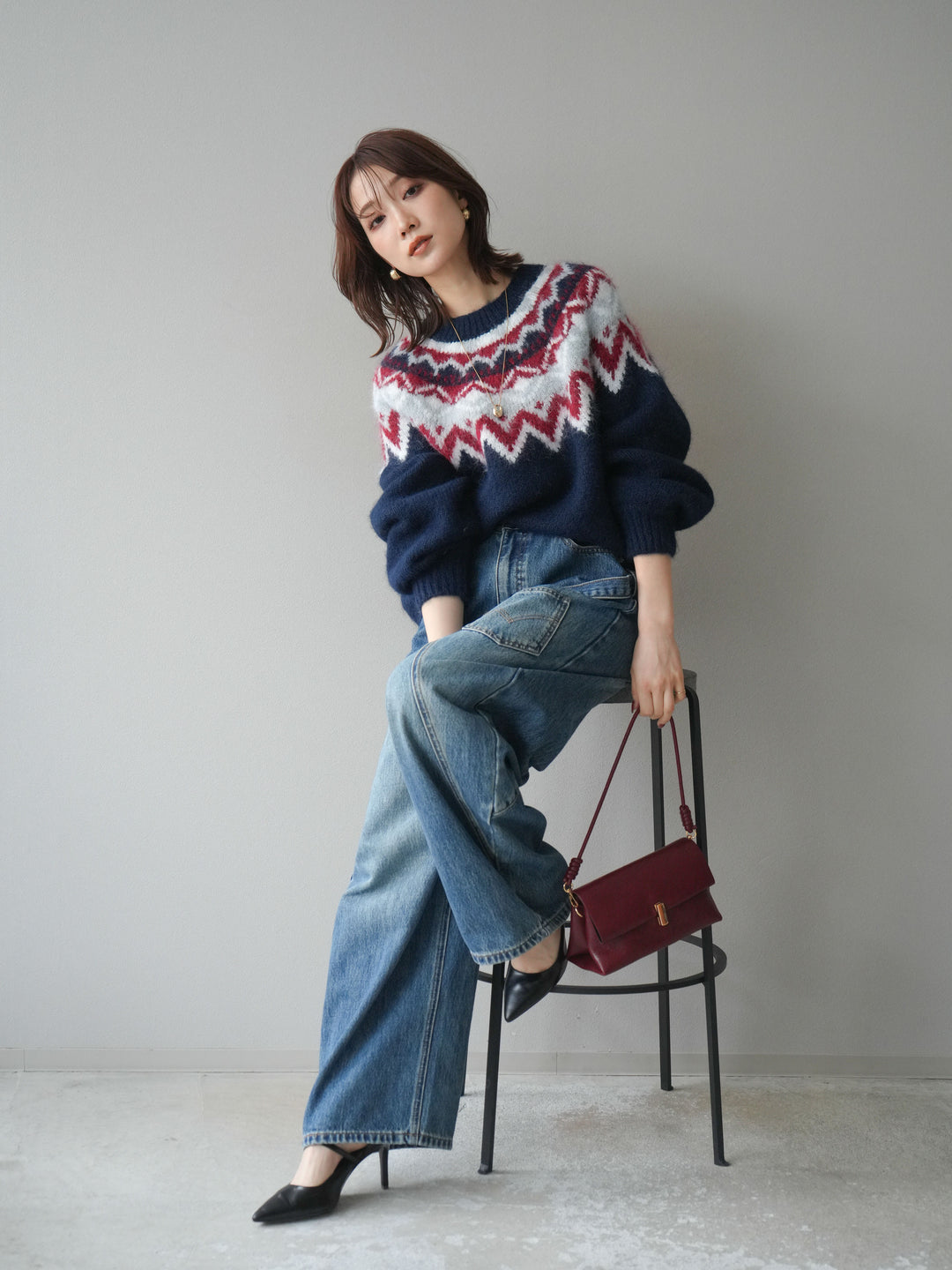 [SET]求心柄オーバーニットプルオーバー+ペインターカーブデニムパンツ(2set)