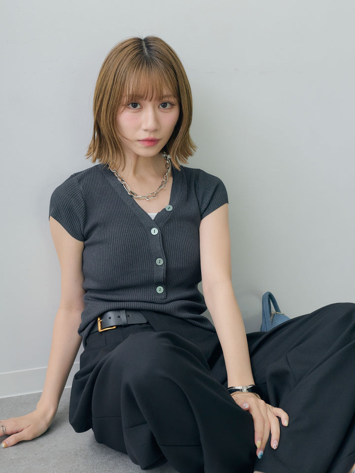 [SET]ネックレイヤードヘンリーVネックリブニットトップス+アシンメトリーベルトタックワイドパンツ(2set)