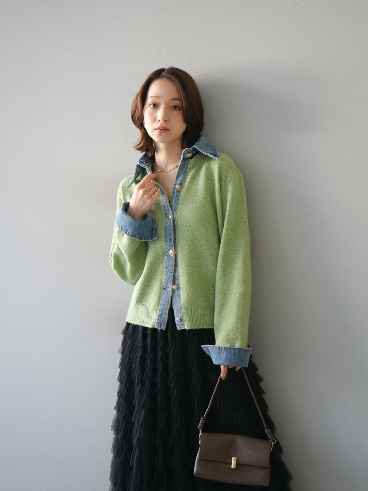 [予約]デニム襟ボタンニットカーディガン/pistachio