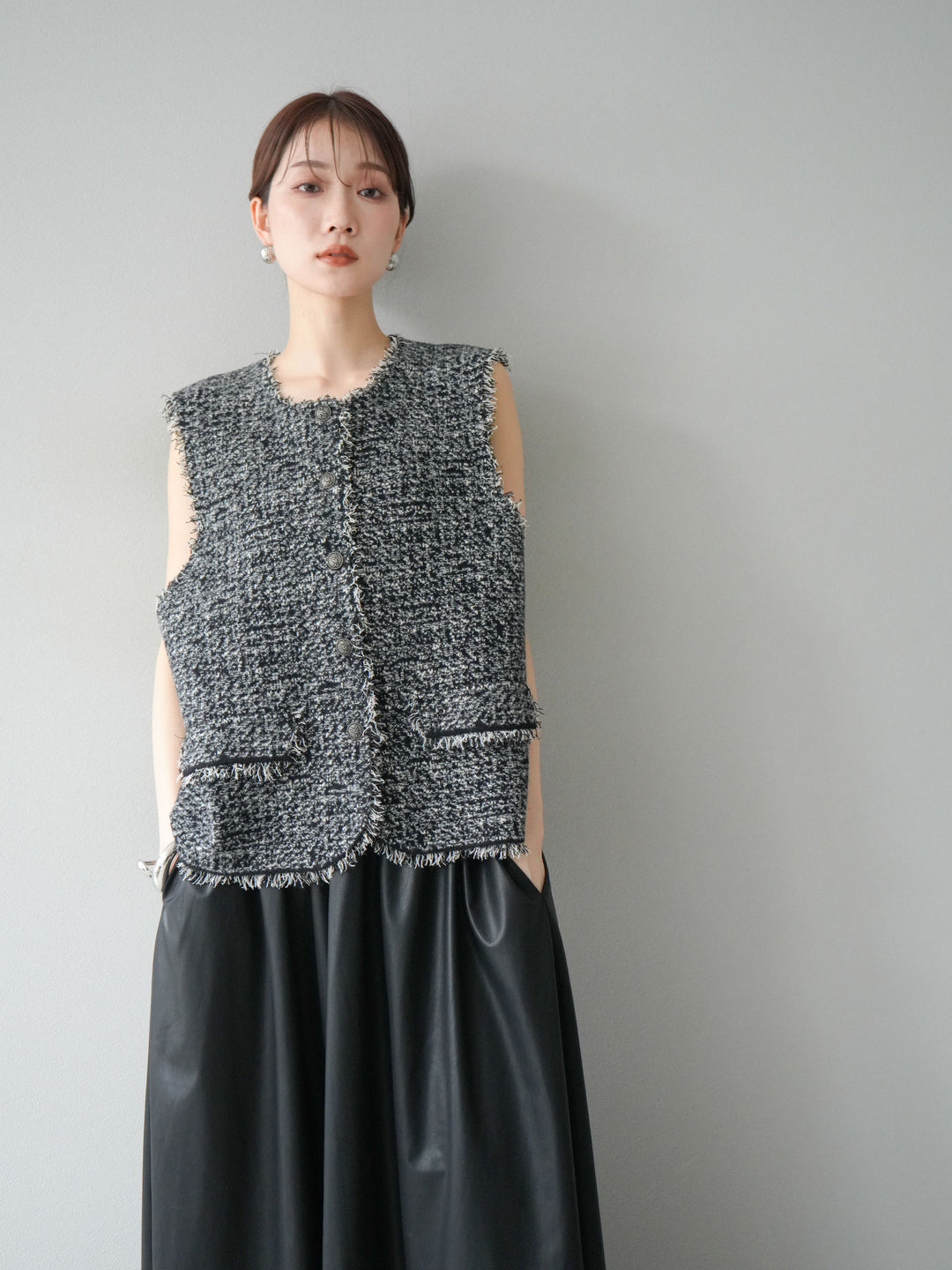 [予約]ミックスツイードフリンジニットベスト/ブラック