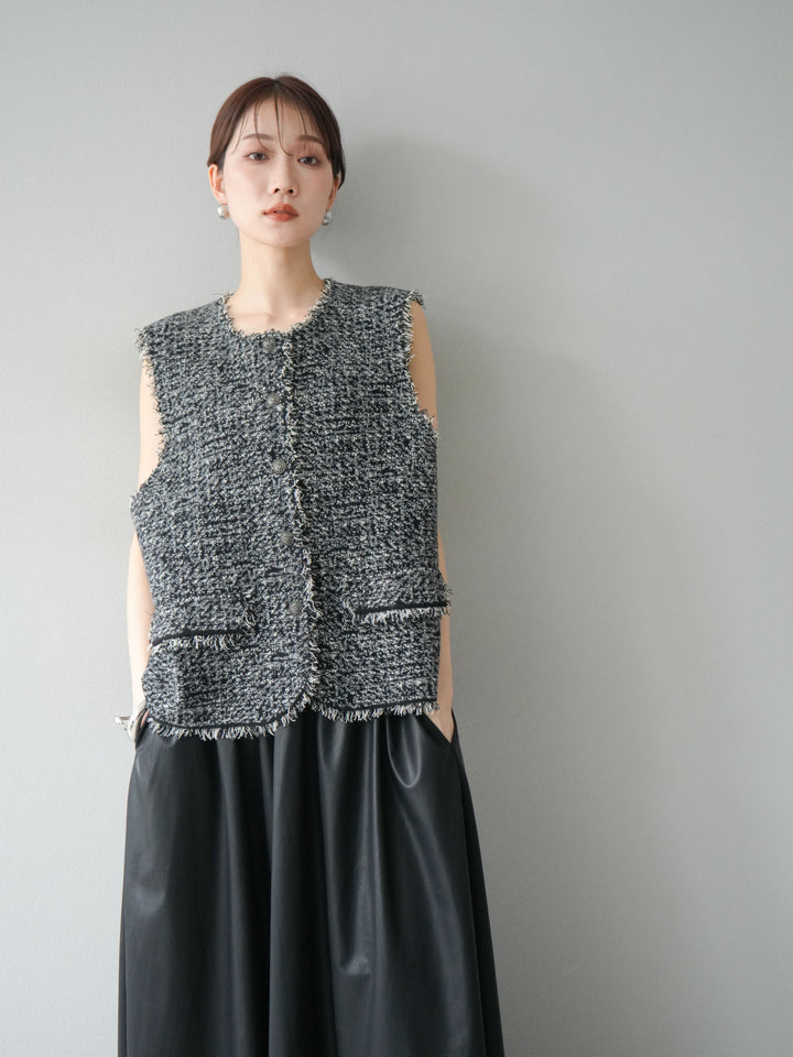 [予約]ミックスツイードフリンジニットベスト/ブラック