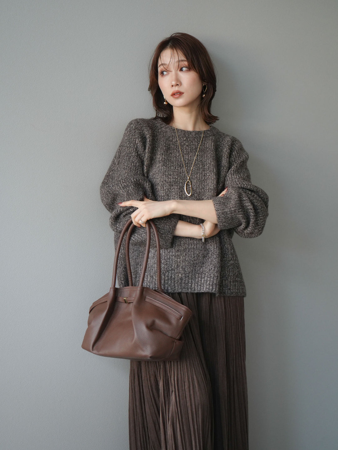 [予約]クルーネック畦編みミックスニット/brown