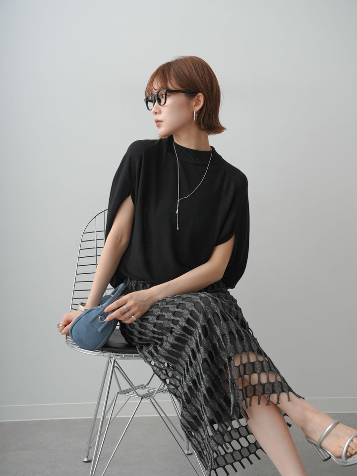 [SET]ボトルネックドロップショルダーニットトップス+スクエアメッシュニットIラインスカート