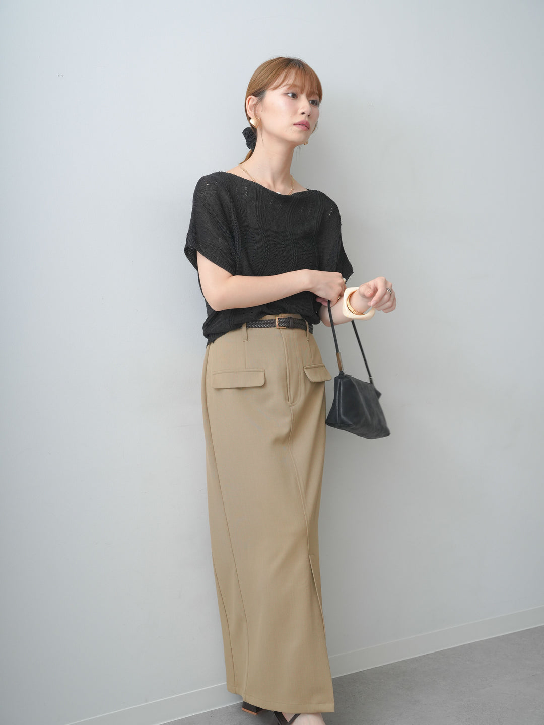 [SET]アイレットサマーニットトップス+クレープデシンフラップ付きストレートスカート(2set)