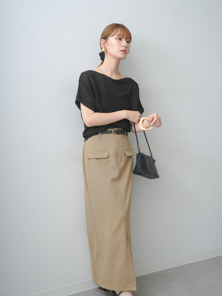 [SET]アイレットサマーニットトップス+クレープデシンフラップ付きストレートスカート(2set)