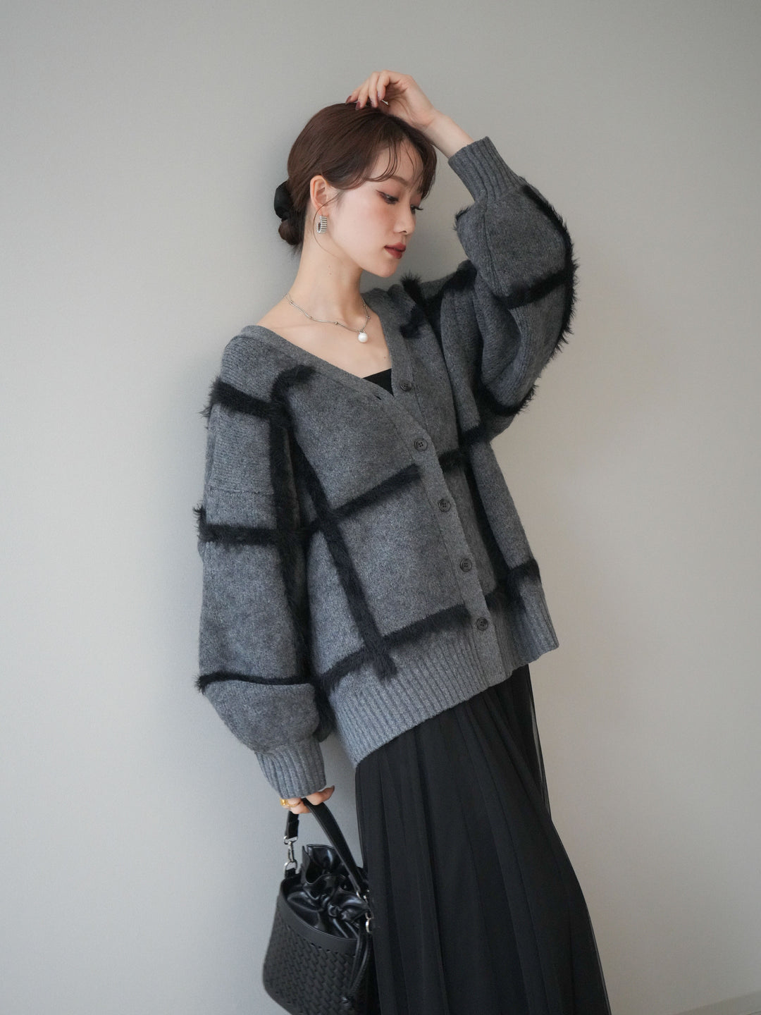 [予約]ミックスシャギーチェックカーディガン/charcoal