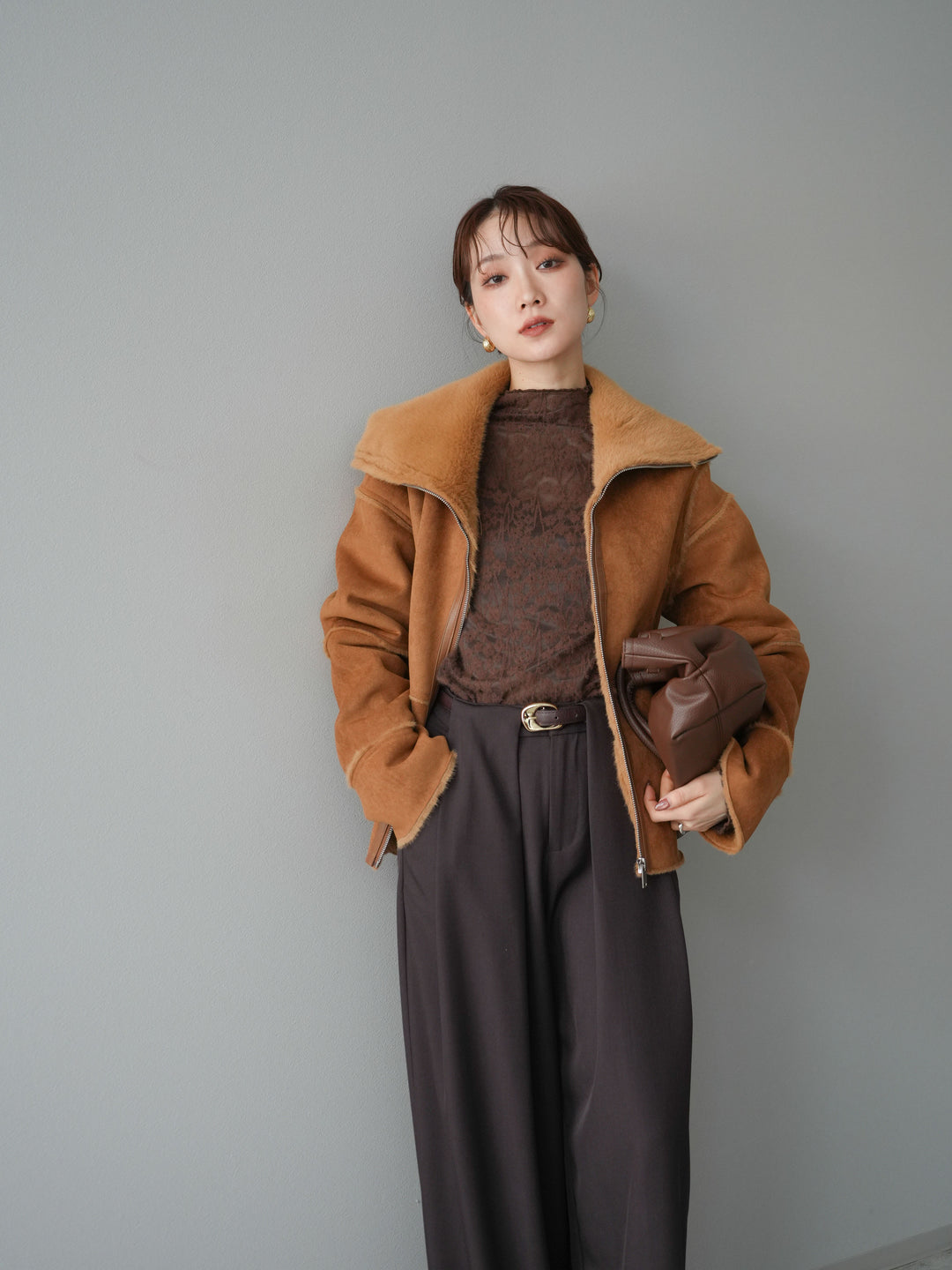 [予約]スタンドカラームートンZIPジャケット/camel