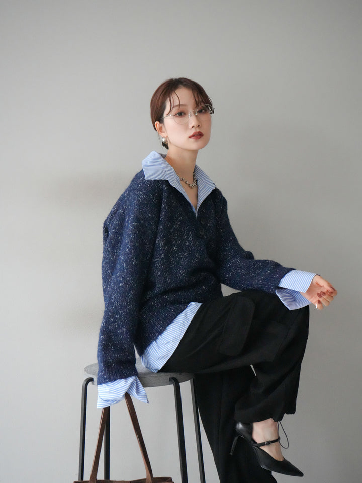[予約]ストライプシャツドッキングMIXヤーンニットプルオーバー/navy