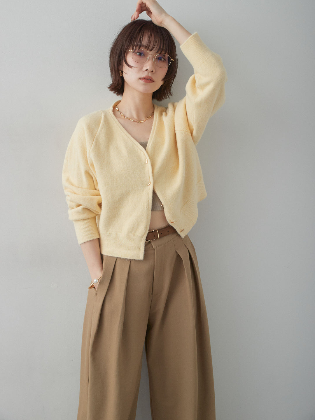 [SET]ゴールドラインボタンカーディガン+クレープデシンタックワイドパンツ(2set)