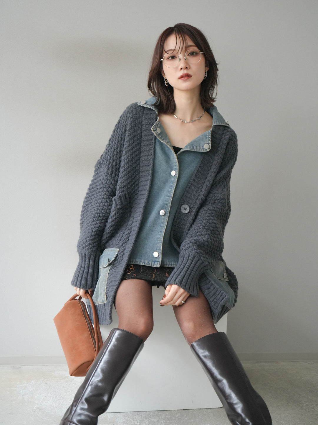 [SET]デニム襟レイヤードニットジャケット+デニム襟レイヤードニットジャケット(2set)