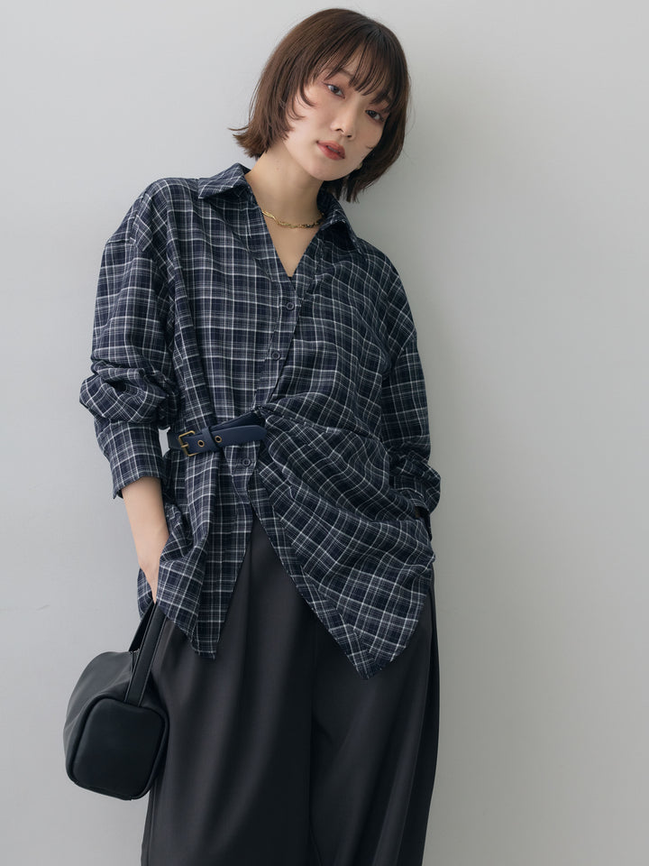 [SET]ベルテッドドレープシャツ+ツイルタックワイドパンツ(2set)