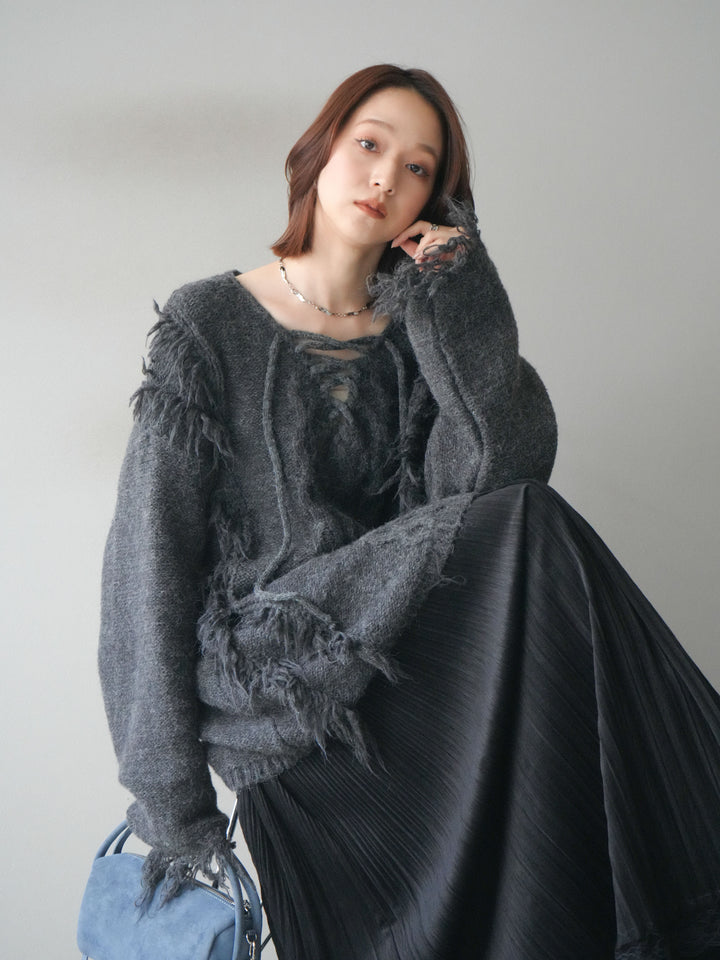 [予約]レースアップフリンジニットプルオーバー/gray