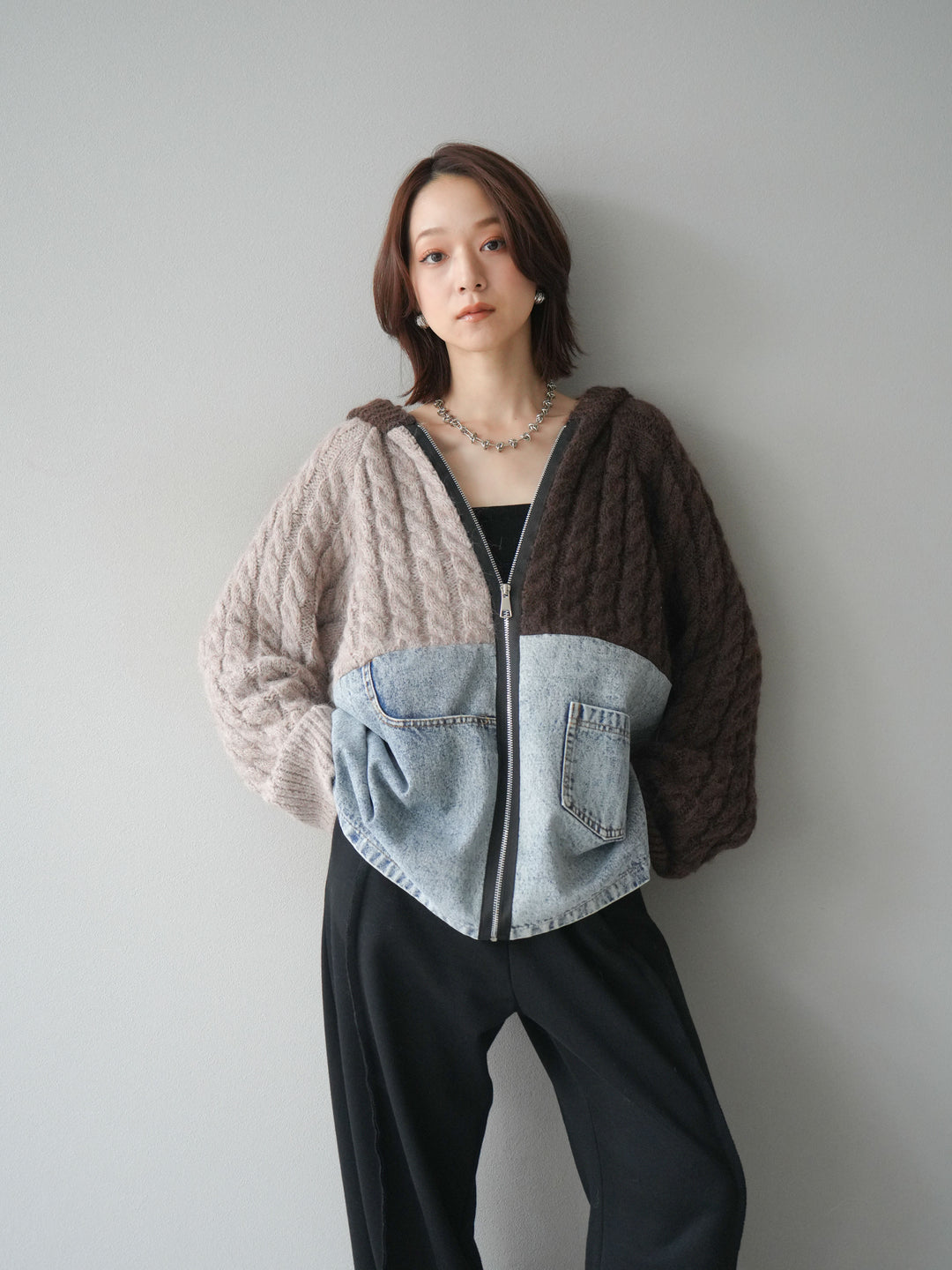 [予約]デニム×バイカラーニットZIPフーディ/brown