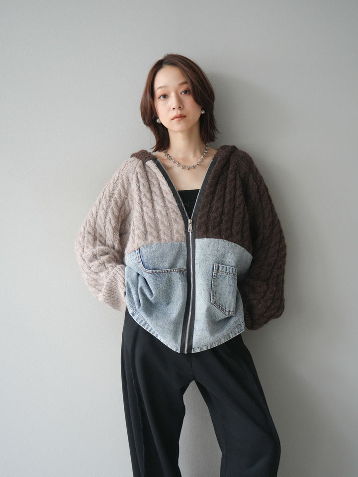 [予約]デニム×バイカラーニットZIPフーディ/brown