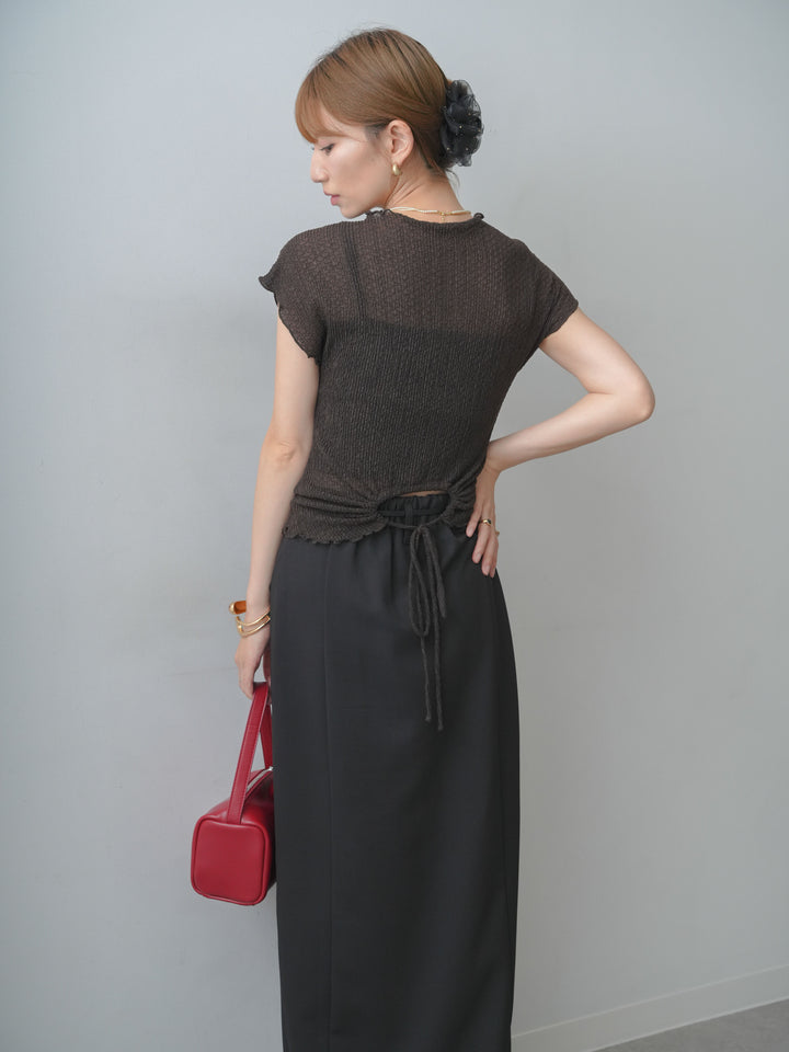 [SET]シャーリングシアーバックオープンフレンチトップス+クレープデシンフラップ付きストレートスカート(2set)