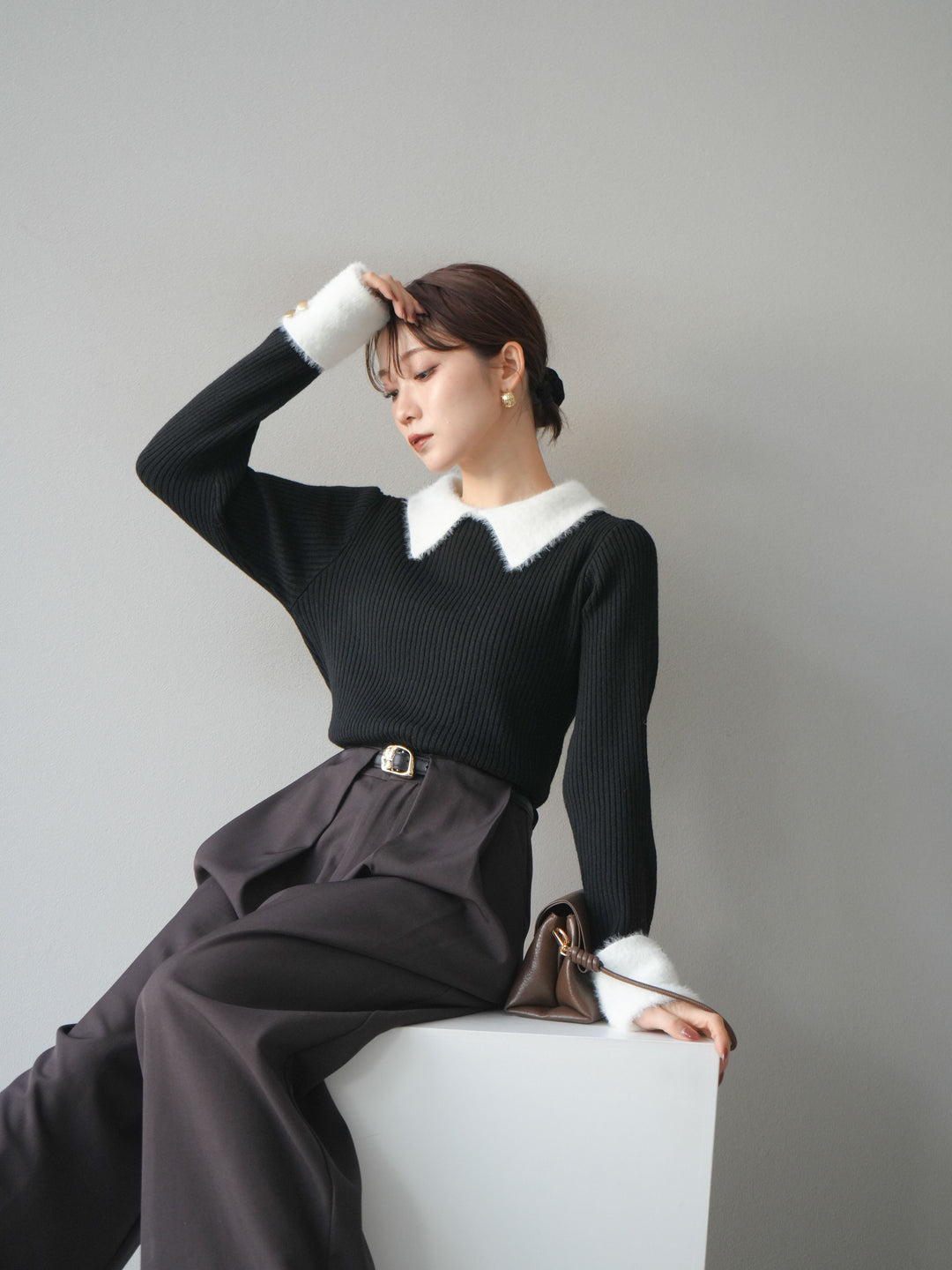 [SET]シャギー襟リブニットトップス+ベルトループデザインワイドパンツ(2set)